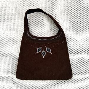 Gap Vintage Y2K Brown Wool Felt Blend Blue Embroidered Beaded Shoulder Bag EL385